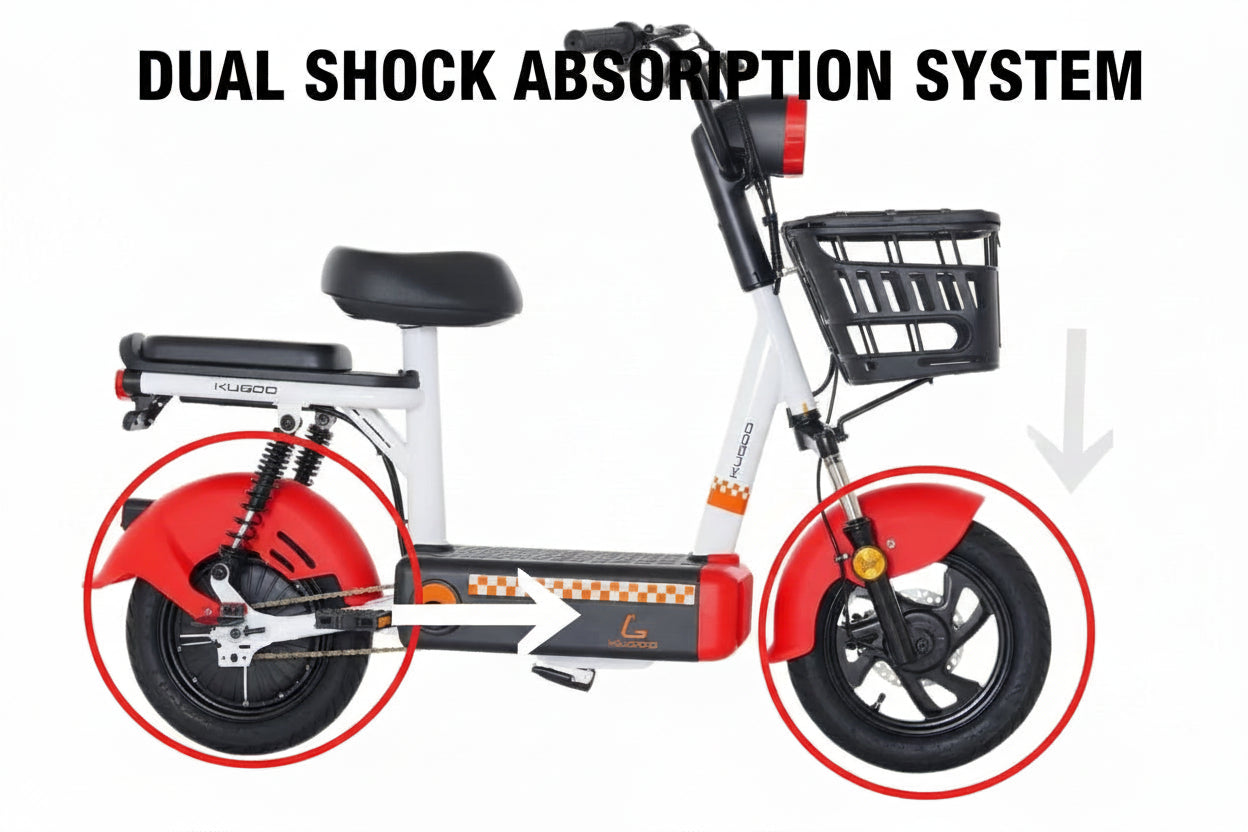 Kugoo T4 Electric City grocery Bike With 2 seats Electric Scooter 48V, Motor Power 350W, with dual shock absorbers - red color