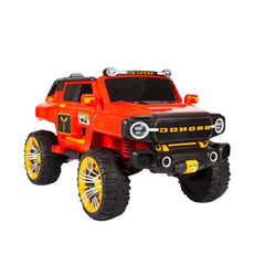 Side View of Red toy truck with large black EVA tires