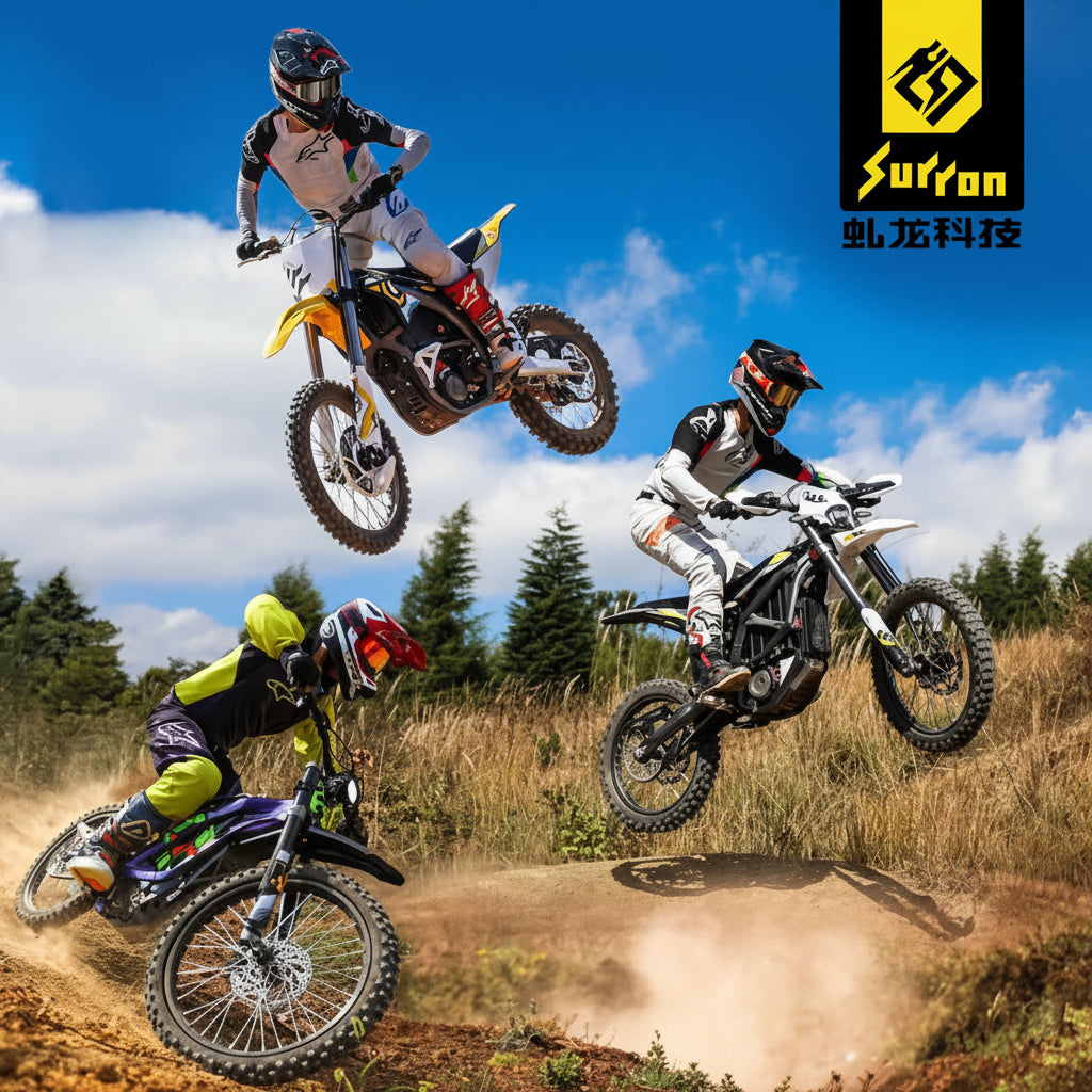 Three dirt bikers in mid-air performing stunts against a blue sky with clouds.