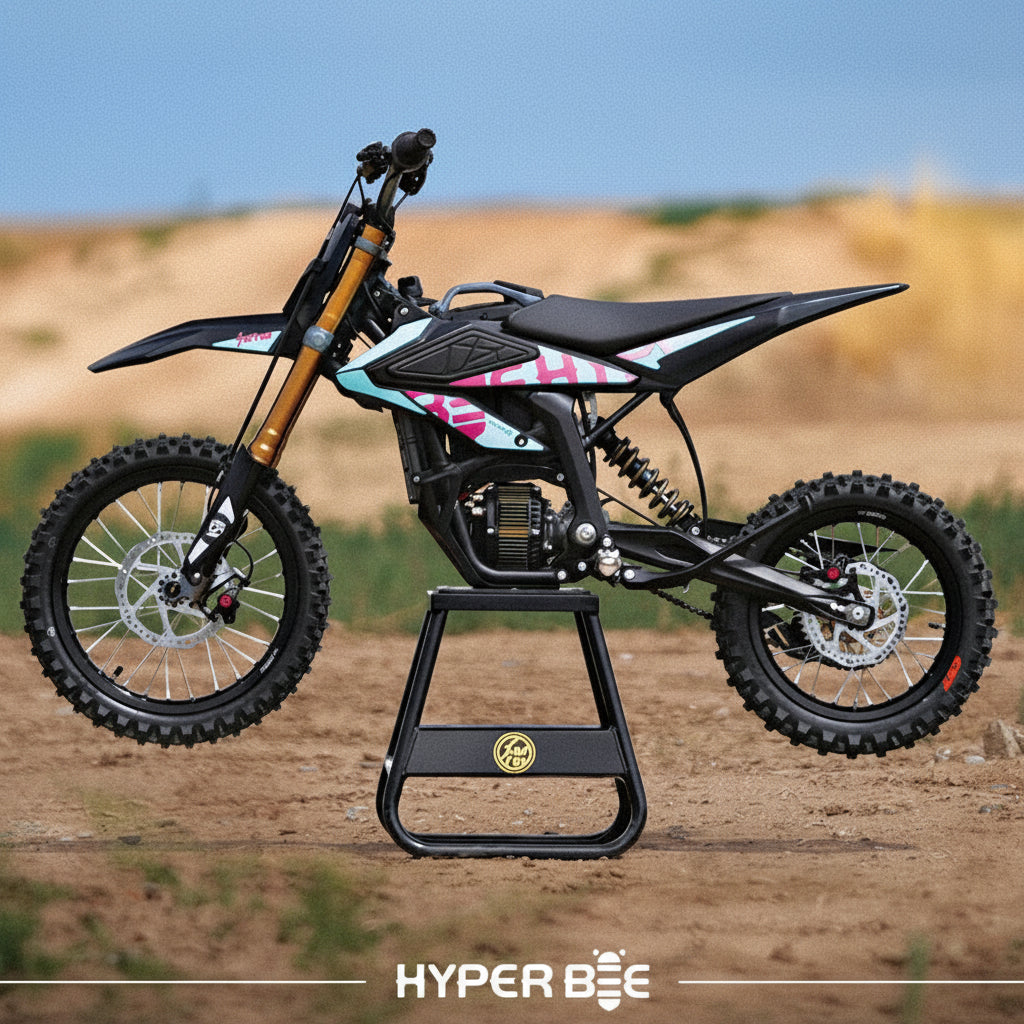 Small Pit bike on a stand with a blurred natural