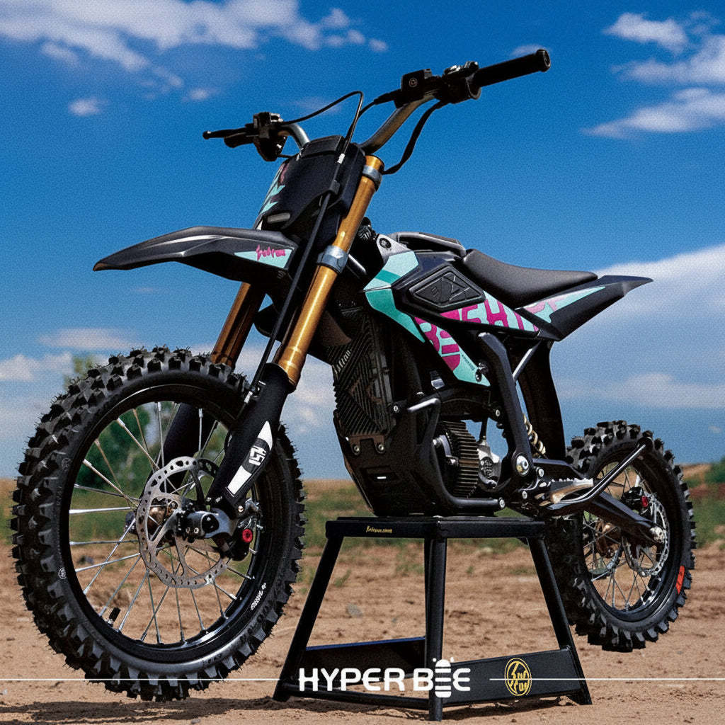 Cross Motorcycle on a stand with a clear blue sky