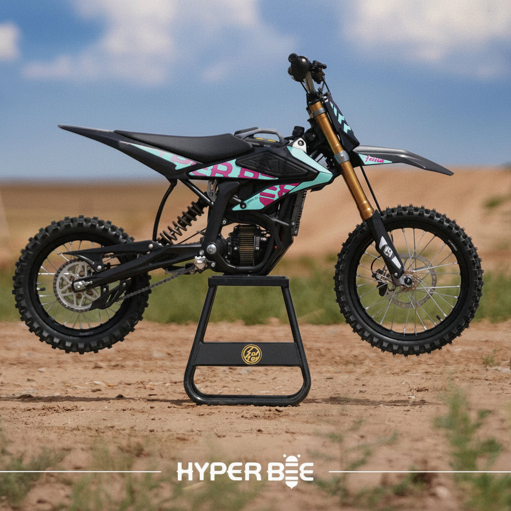 Small dirt bike on a stand with a clear sky