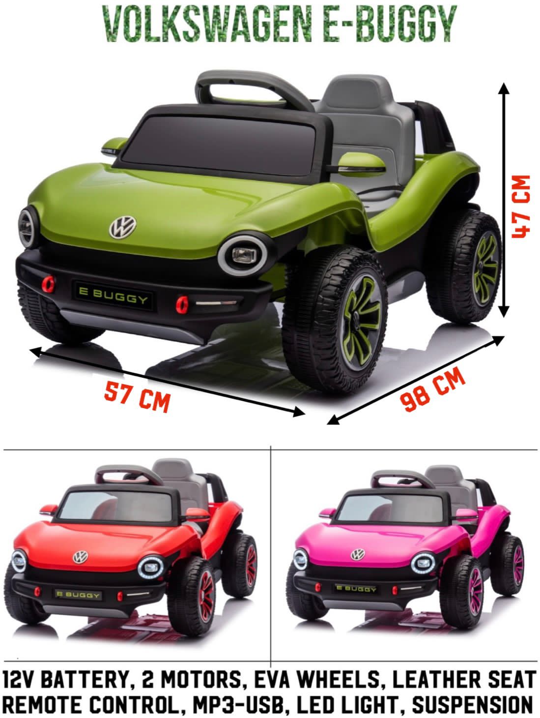 Volkswagen E-Buggy toy car with dimensions and color options displayed.