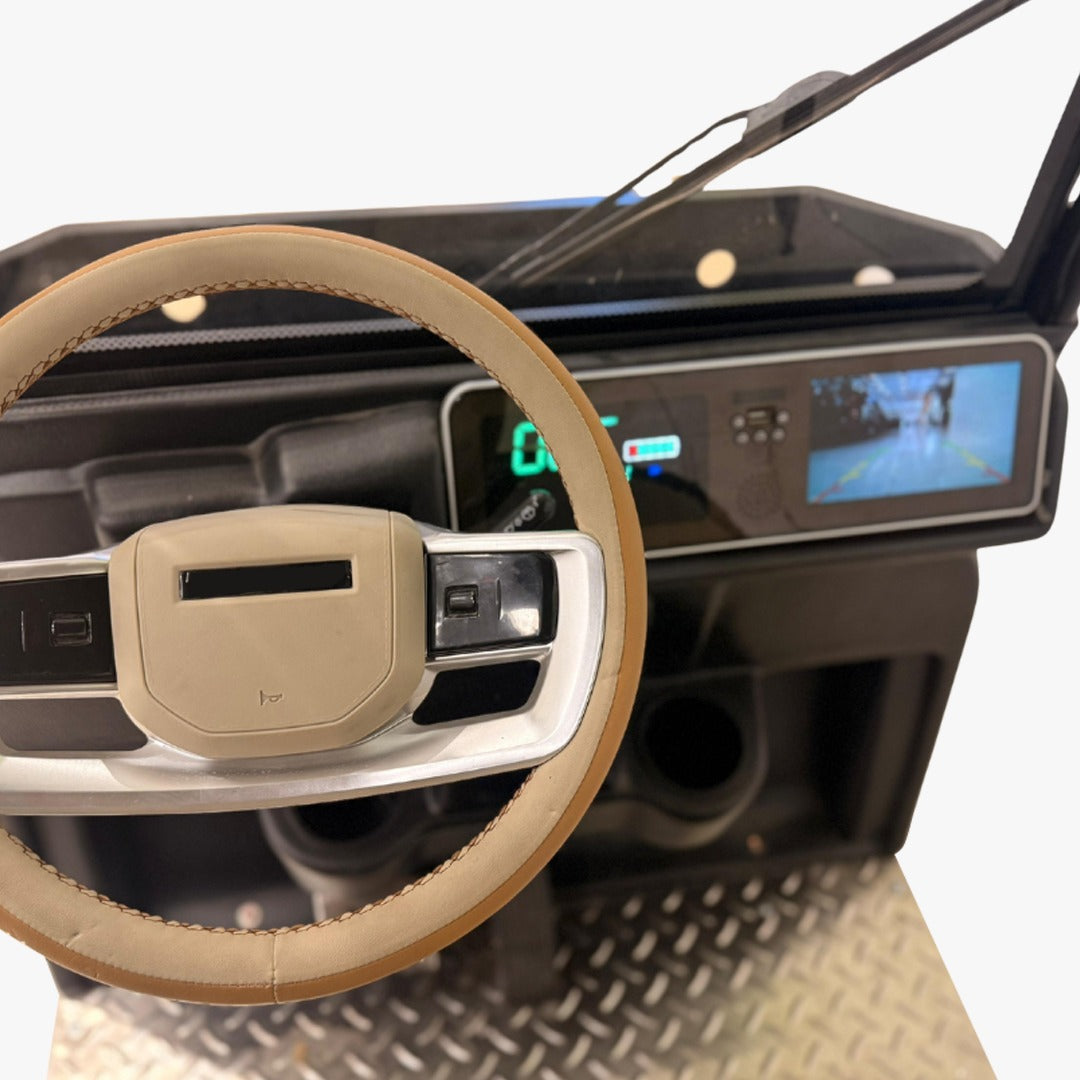 Steering wheel and dashboard of a golf cart 