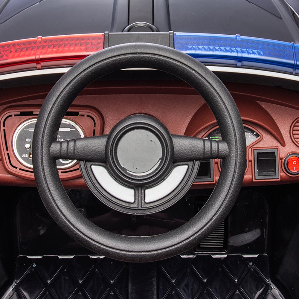 Steering wheel of a Police toy car with red and blue accents