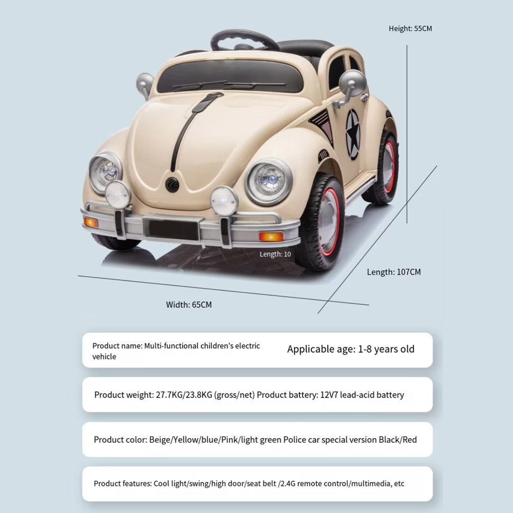 Childrens electric vehicle with dimensions and features