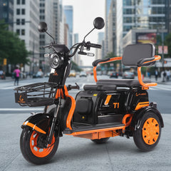Orange and black three-wheeled electric scooter with a seat 