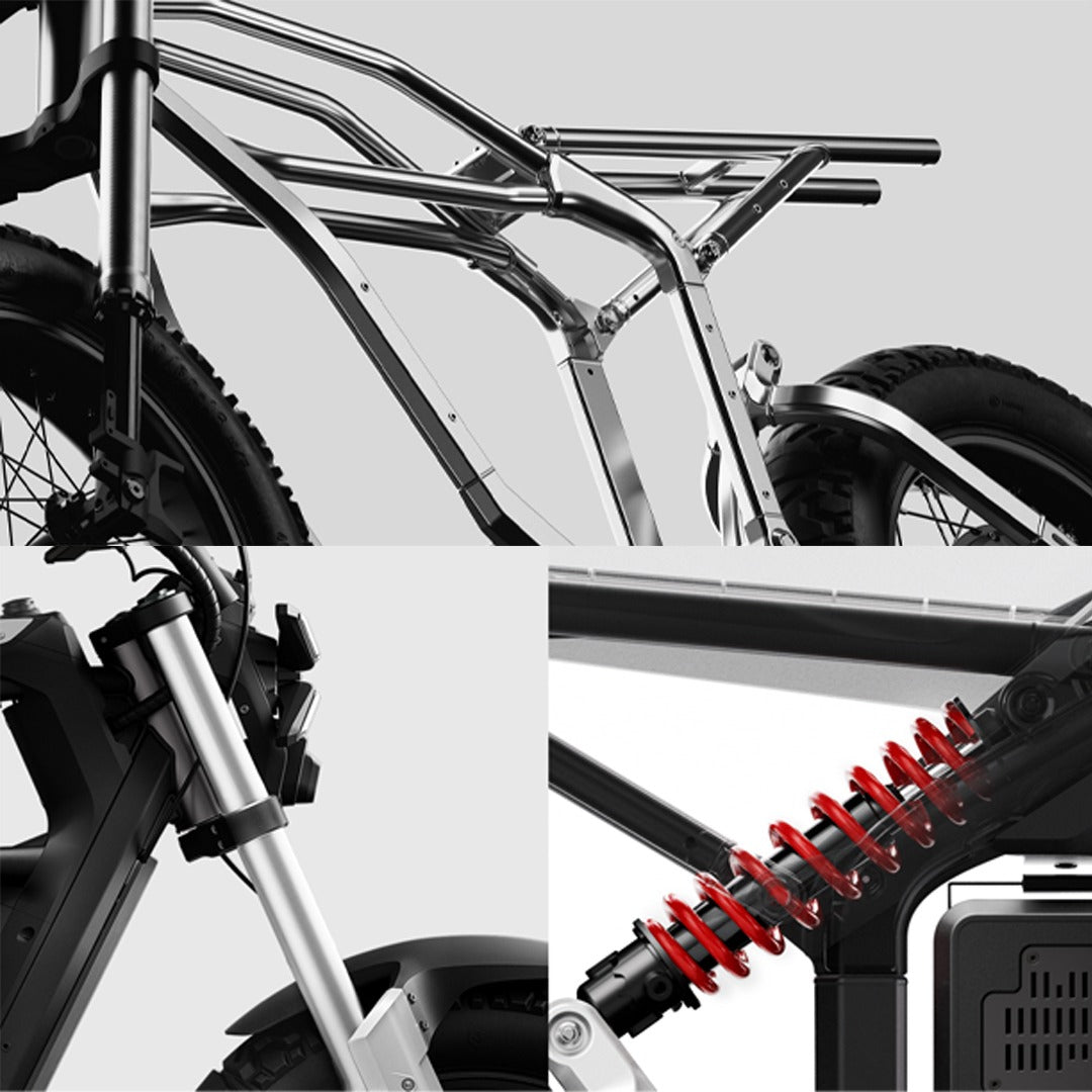 Collage of a bicycle frame, front suspension fork, and rear suspension system of electric bike for Adults.