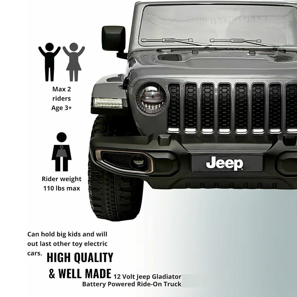 Front view of a Jeep Gladiator battery-powered ride-on truck with Information