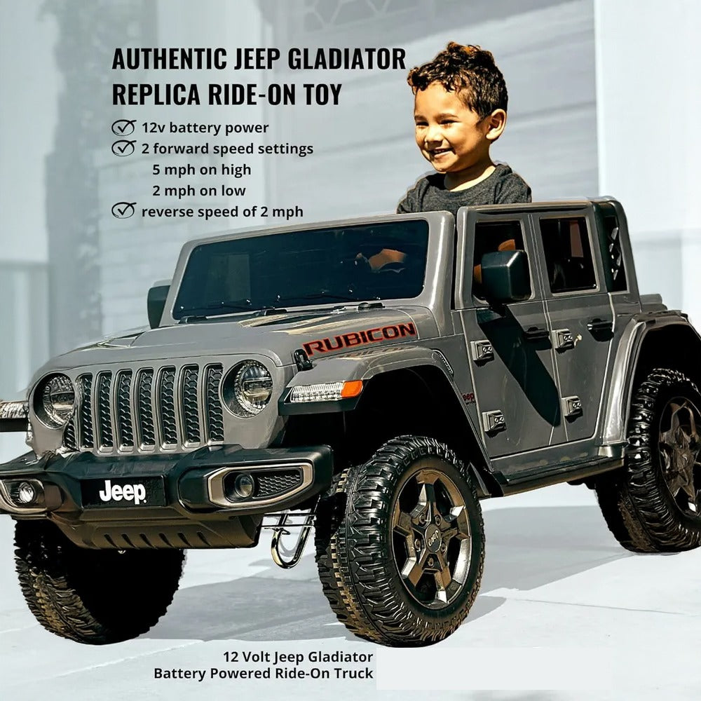 Child playing with a Jeep Gladiator ride-on toy, with product details