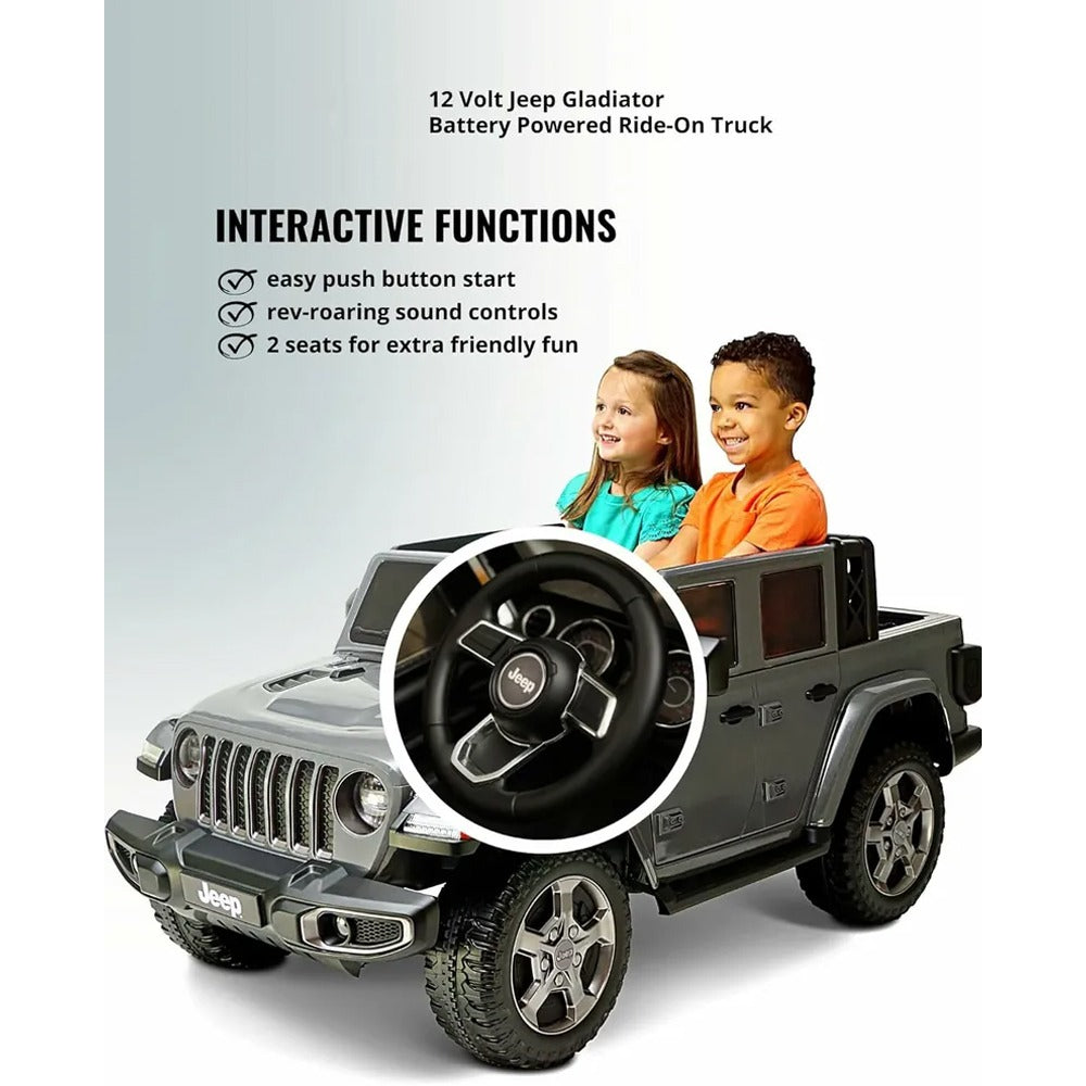 Toy truck with children inside, featuring interactive functions and Jeep branding