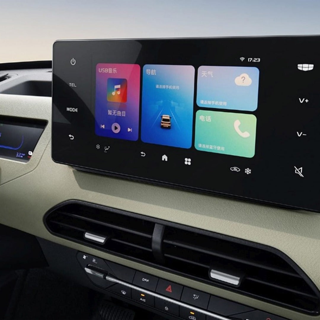 An Electric Car dashboard with a touchscreen display