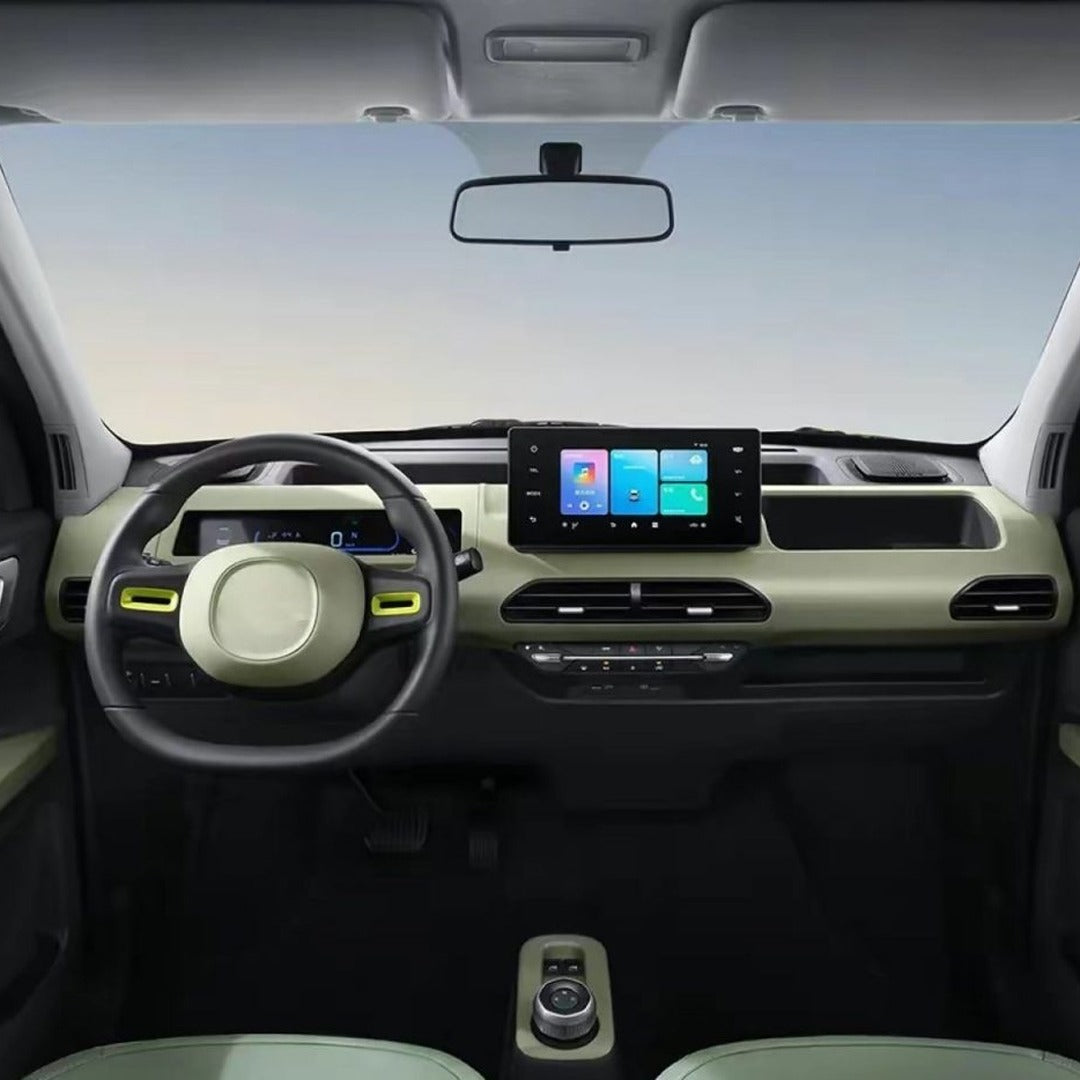 Electric Car interior with digital dashboard display, steering wheel