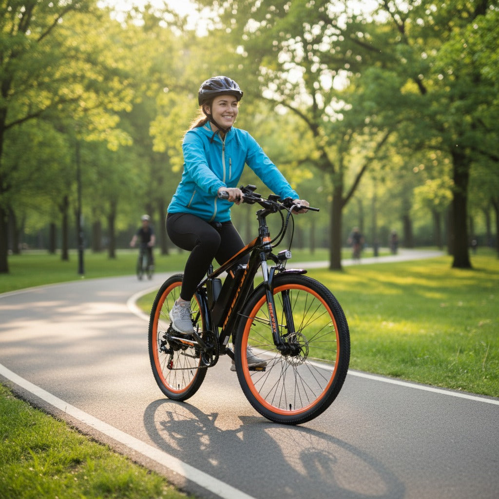 Woman riding Hauler Electric Bike With Carrier and Removable Lithium Battery