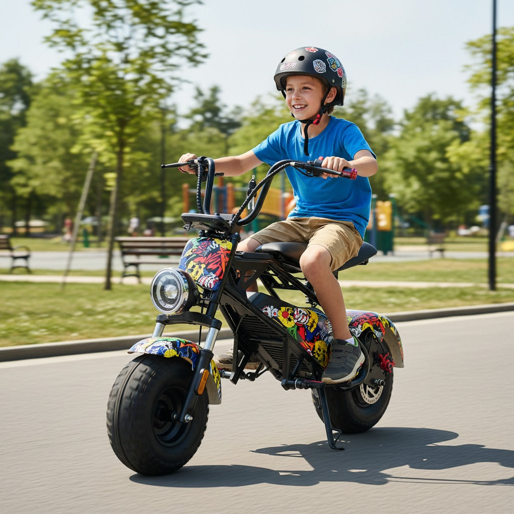 Child riding a colourful Smart Harley electric bike