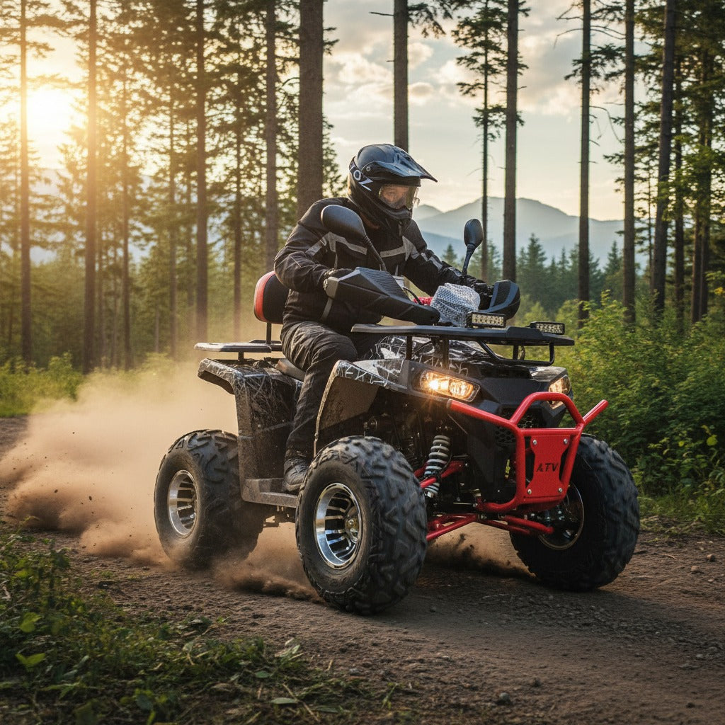 Person riding an ATV through a forest at sunset