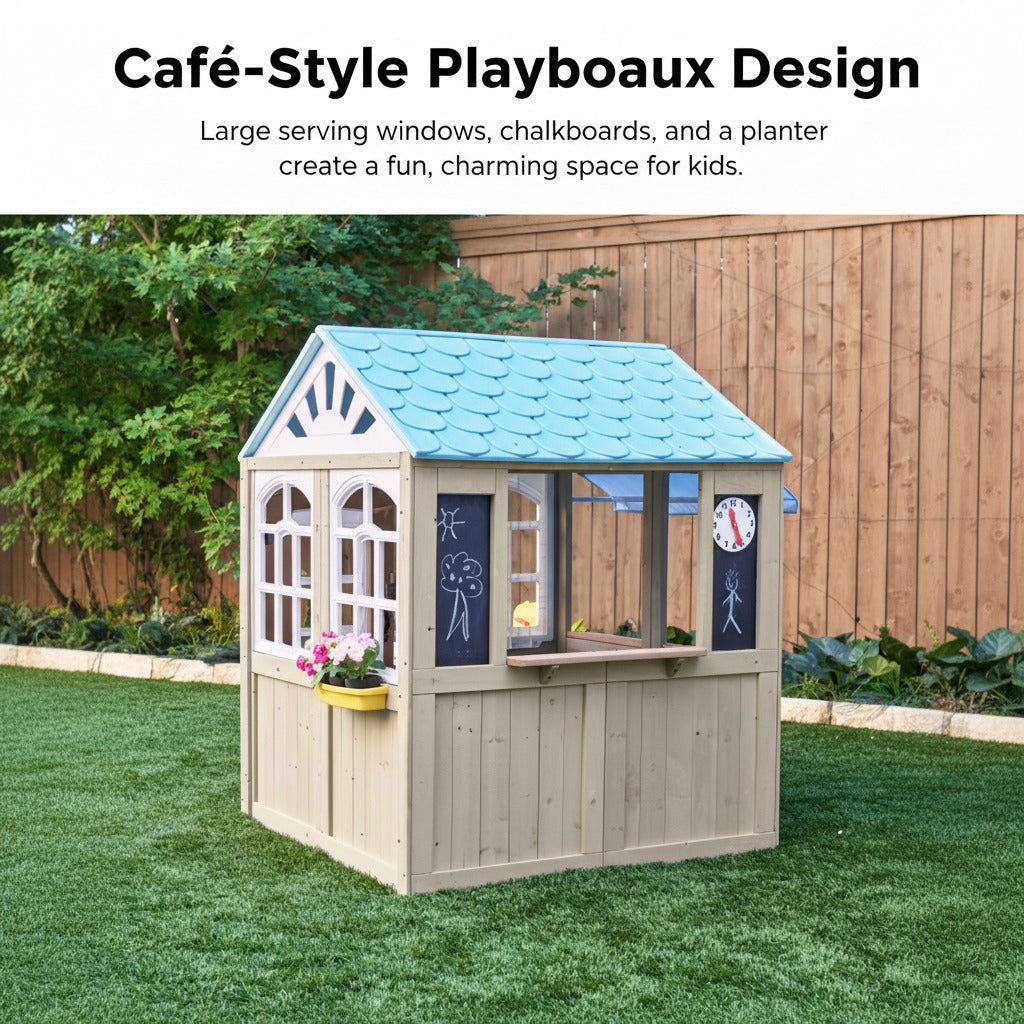 Kidkraft Oceanfront Wooden Outdoor Playhouse cafe style design with windows ,chalkboard and a planter 