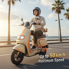 Kugoo T30 electric moped scooter with a man driving with helmet -orange and cream color