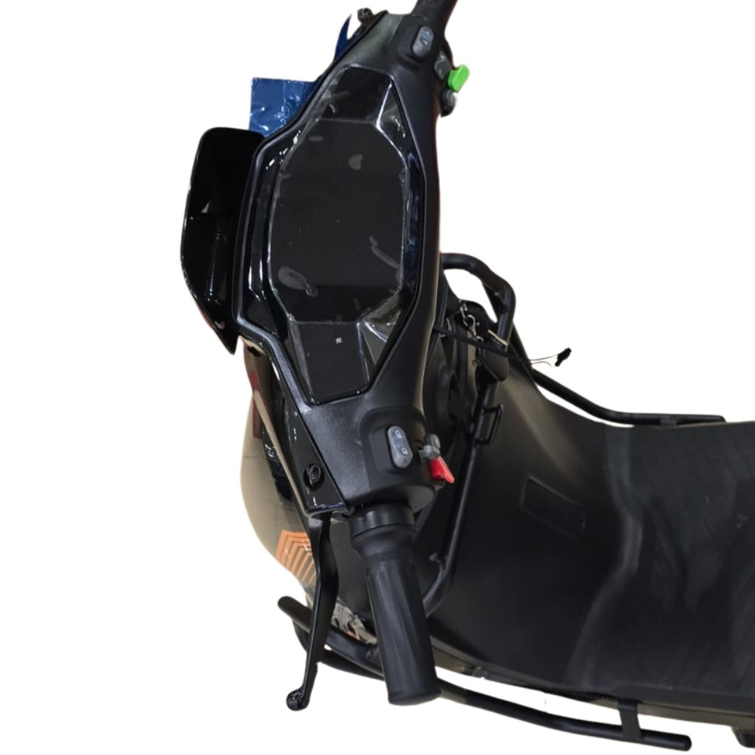 Close-up of a black motorcycle, Digital Display Meter and handlebars