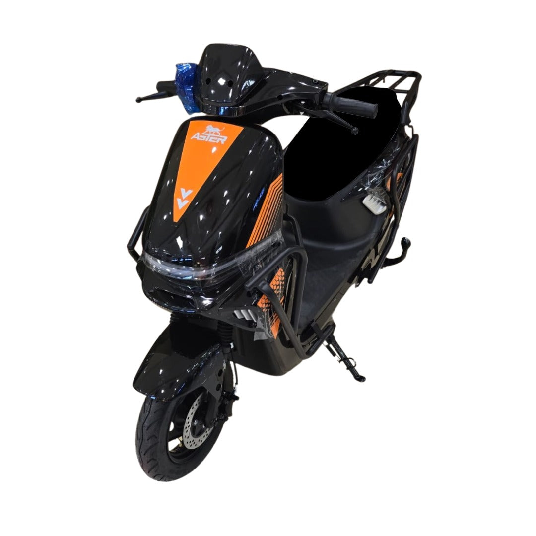 Side view of Nitro Moped Electric scooter with orange accents 