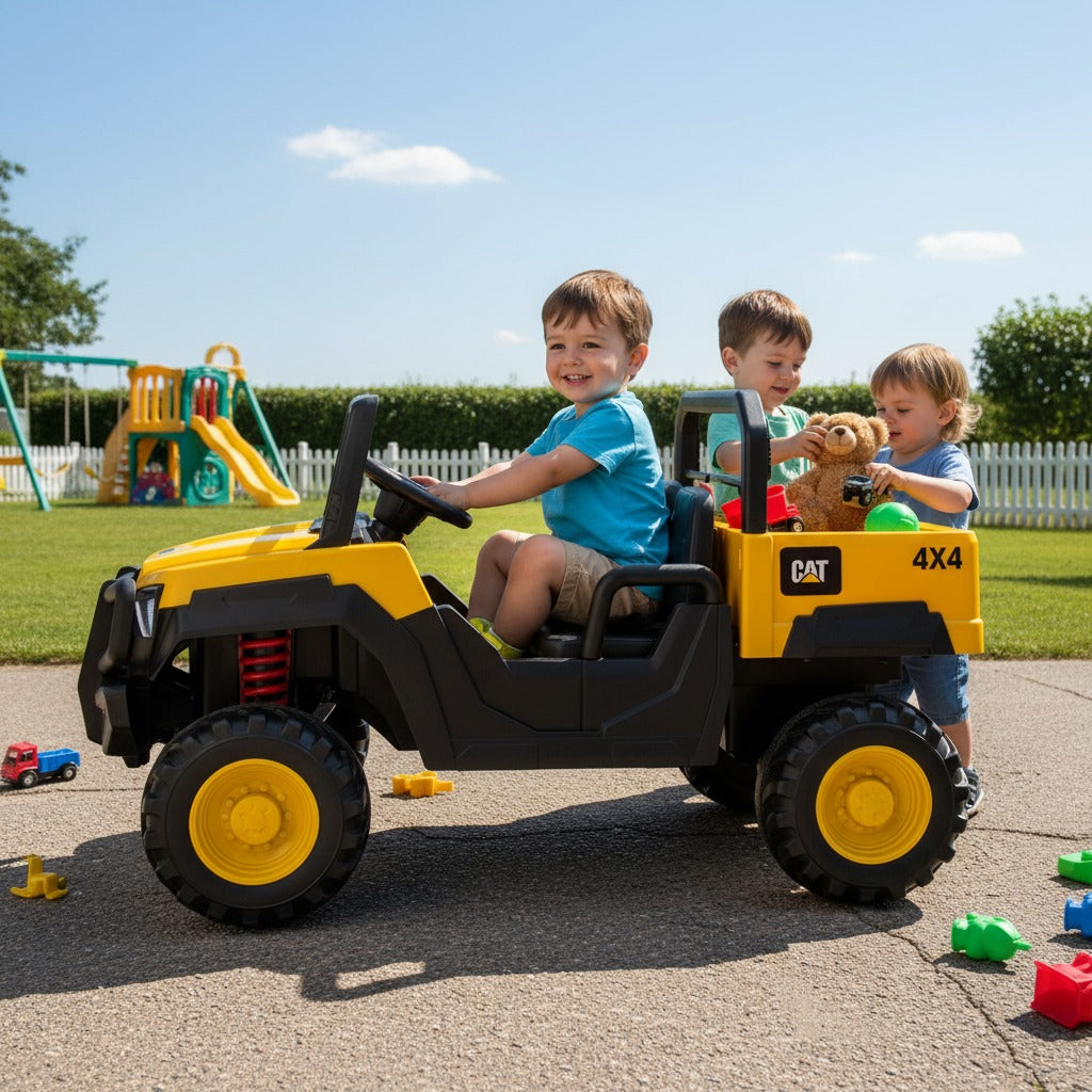 Three children playing with Caterpillar Dump Truck
