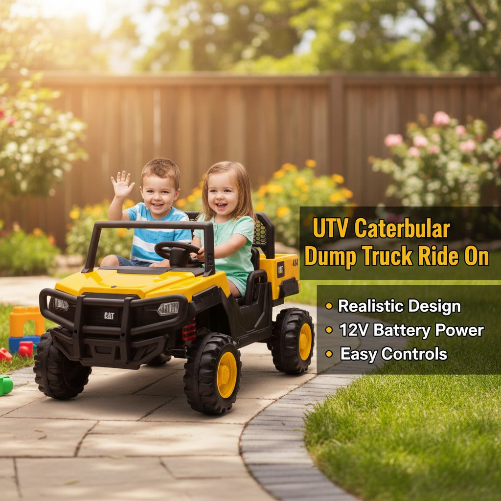 UTV Caterbular Dump Truck Ride On toy on a stone path