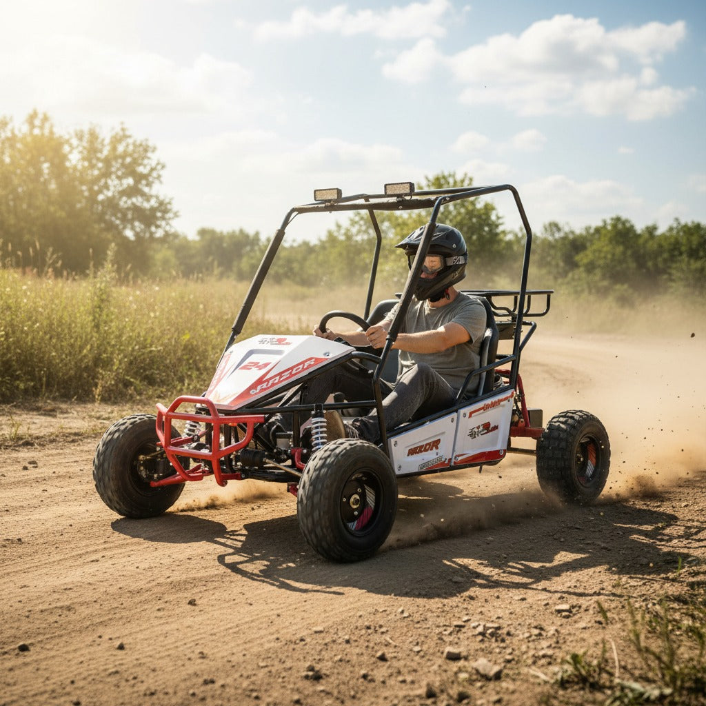 A person driving an off go-kart on a dirt track