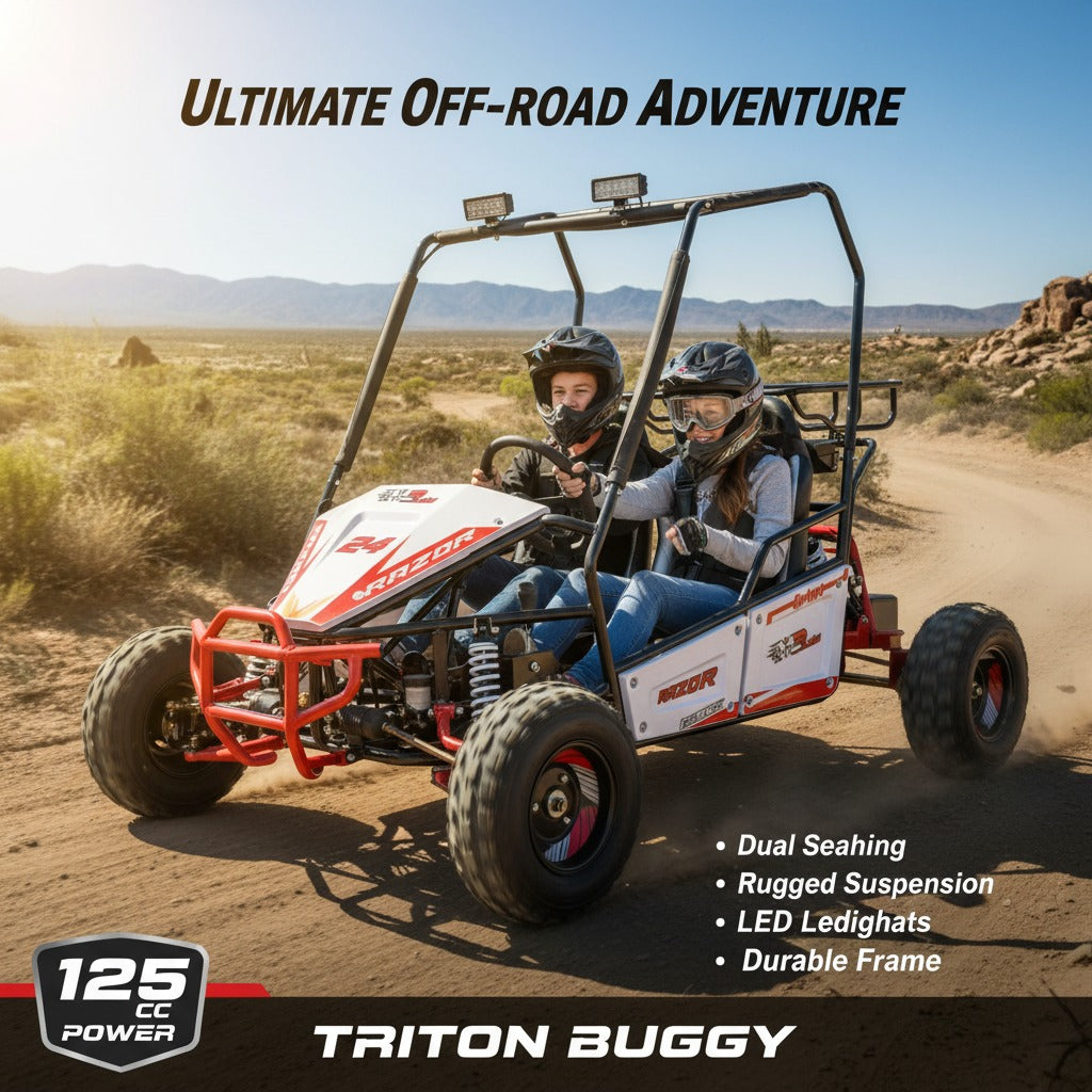 Two people in a Triton Buggy on an off-road track with desert