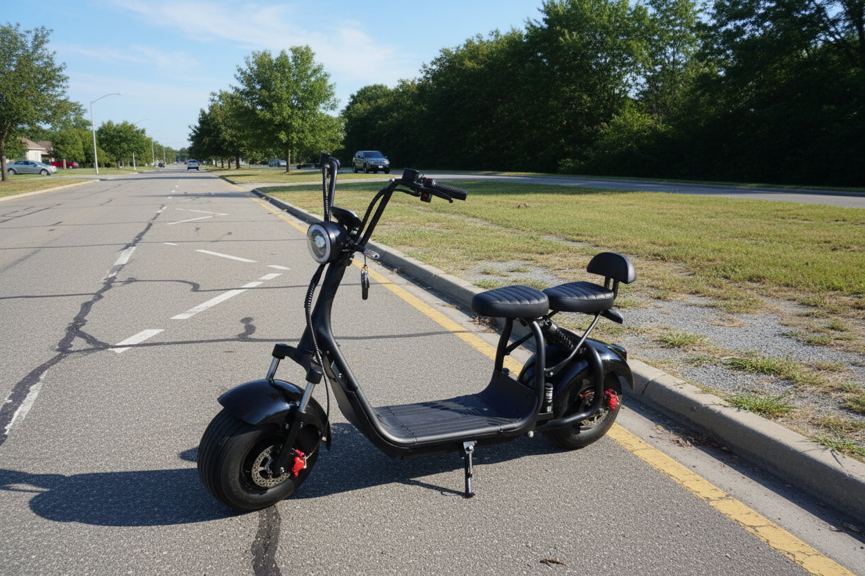 Kugoo City Coco Electric Scooter 60V Lithium Battery 2-Wheel E Bike  on a road with trees and grass 