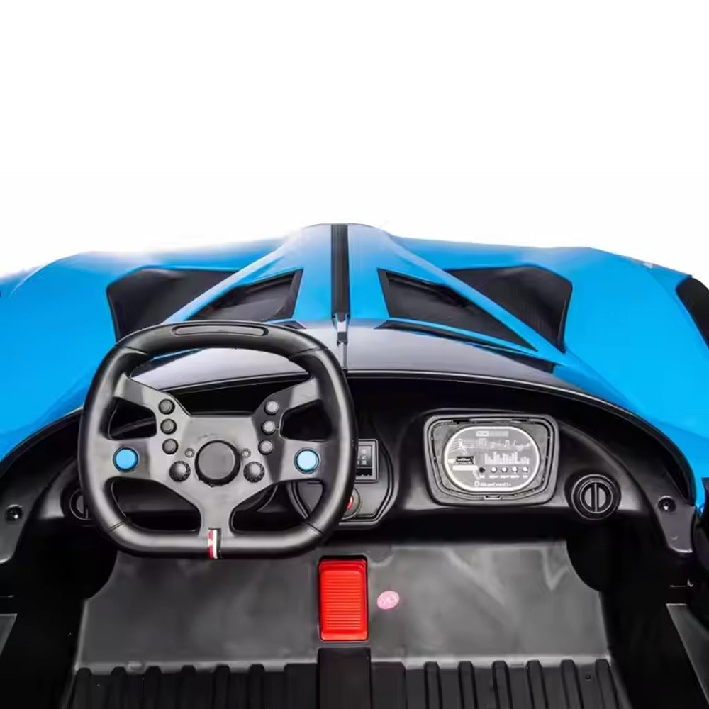 Close-up of a toy car's interior with steering wheel and dashboard