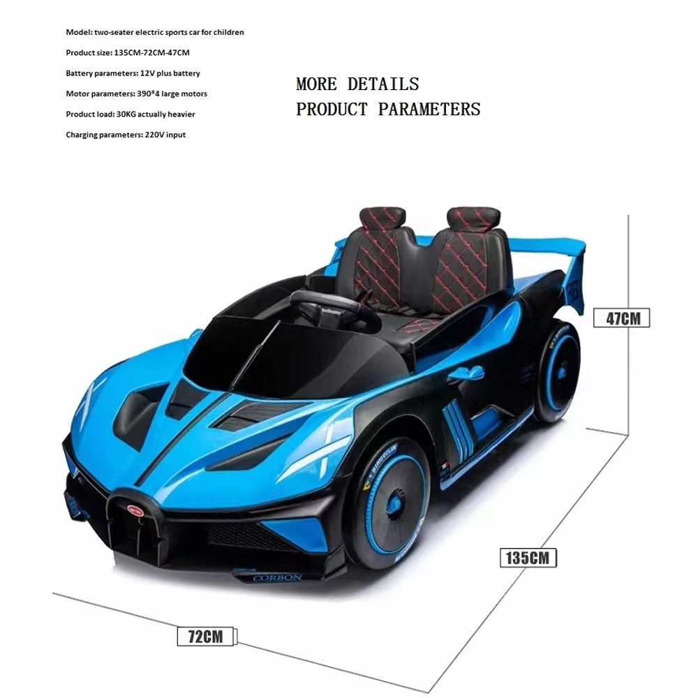 Blue two-seater electric sports car for children with product parameters