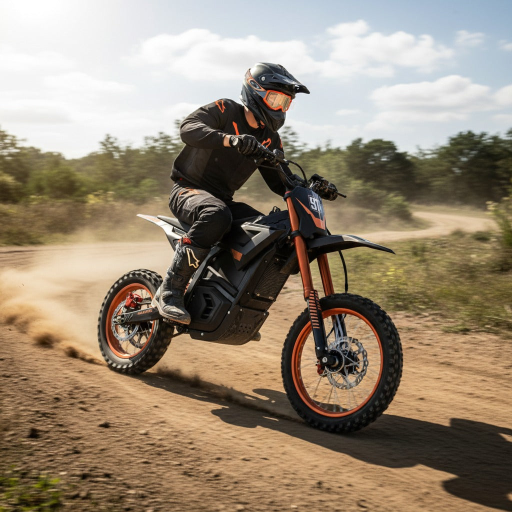 A person riding a dirt bike on a dirt road with trees