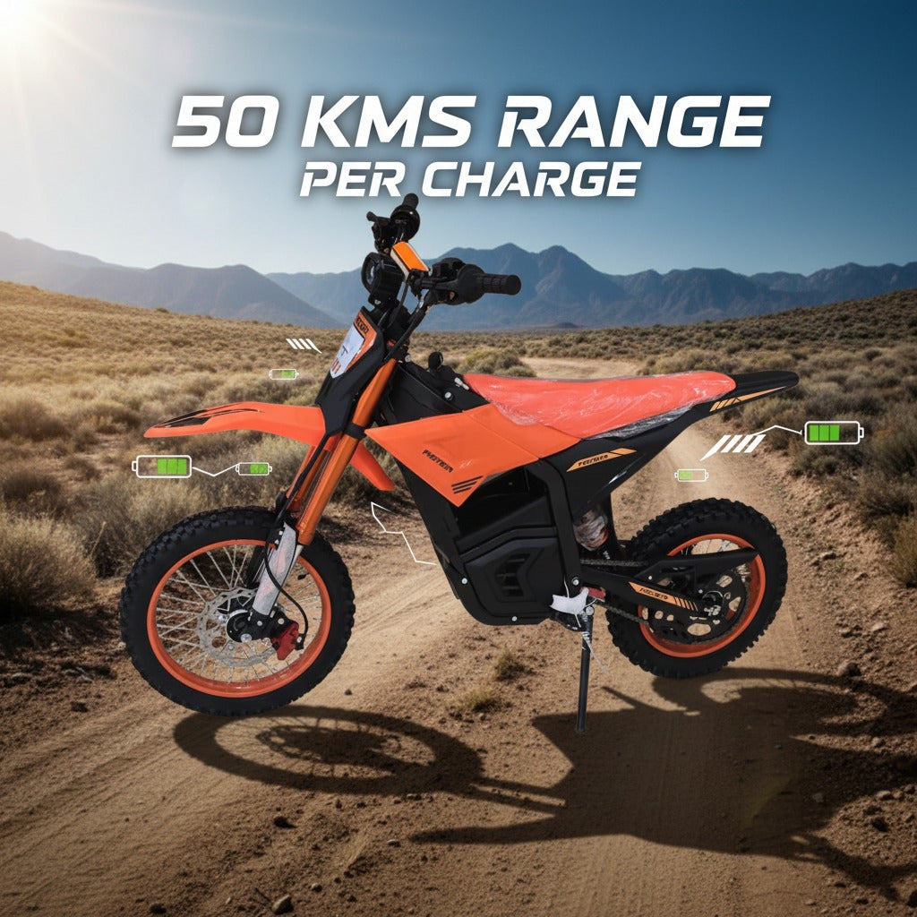 Orange electric bike with a desert 50 km range per charge