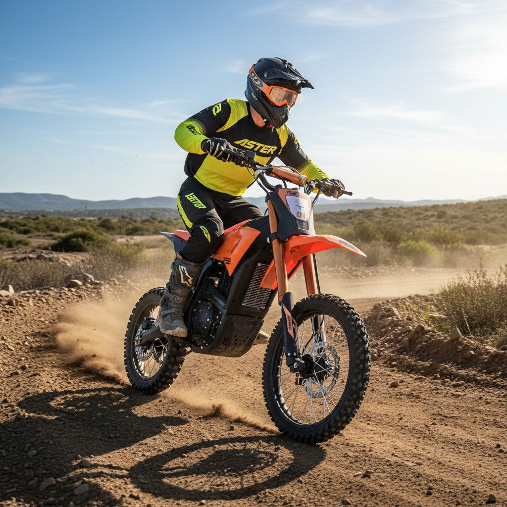 A person riding an orange dirt bike on a dirt track