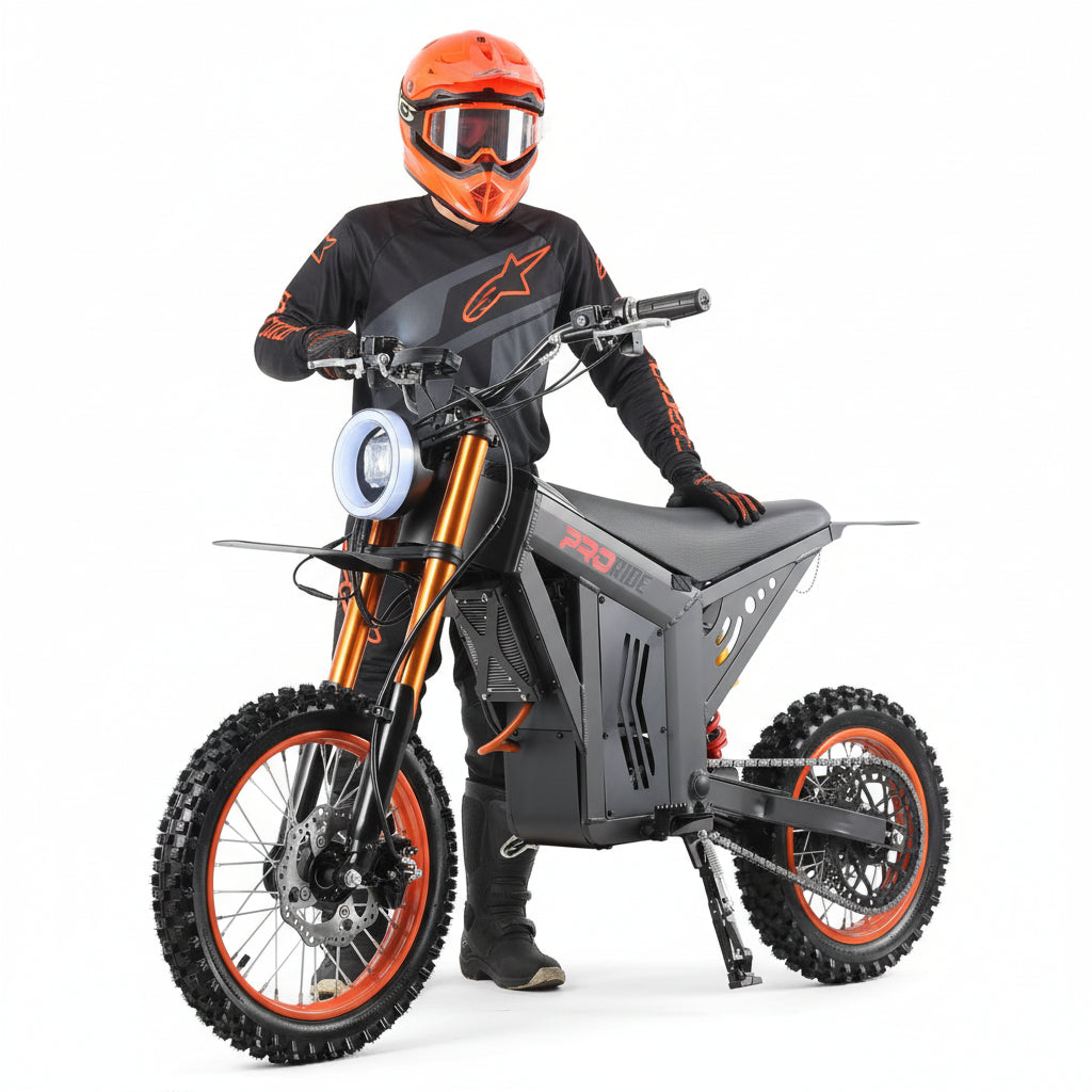 Electric dirt bike with orange accents on a white background