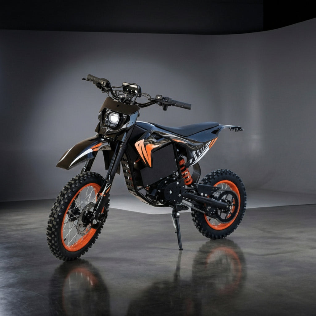 Motorcycle with orange accents on a reflective surface