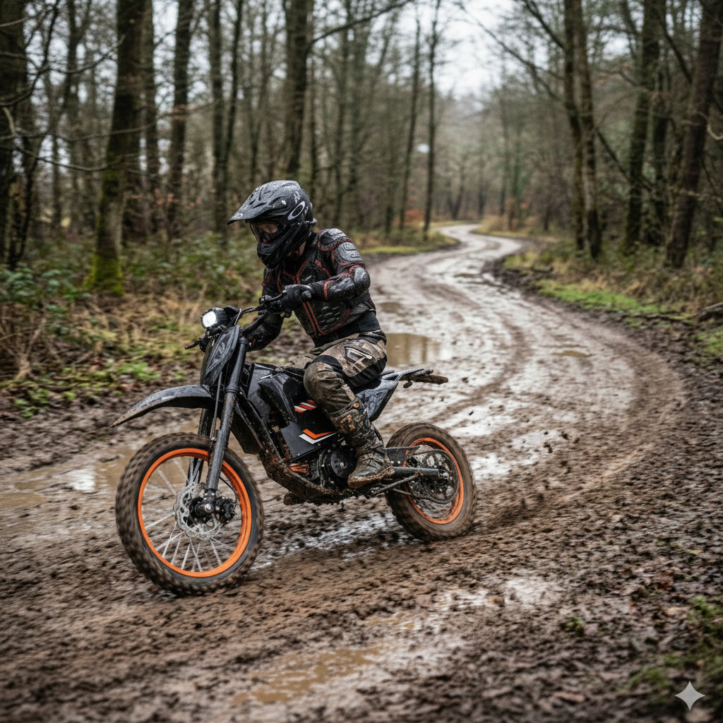 A person riding a motorcycle on a muddy forest road