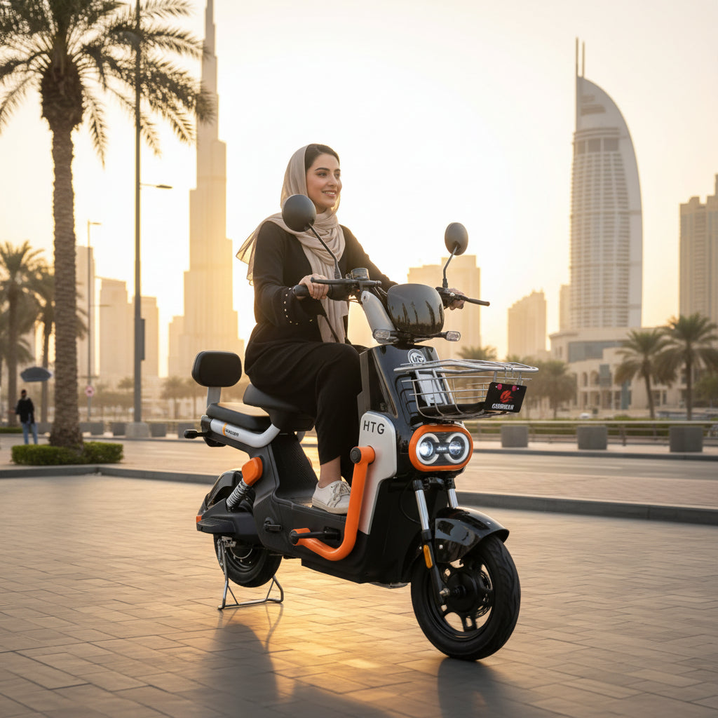 Woman riding an electric scooter with a cityscape