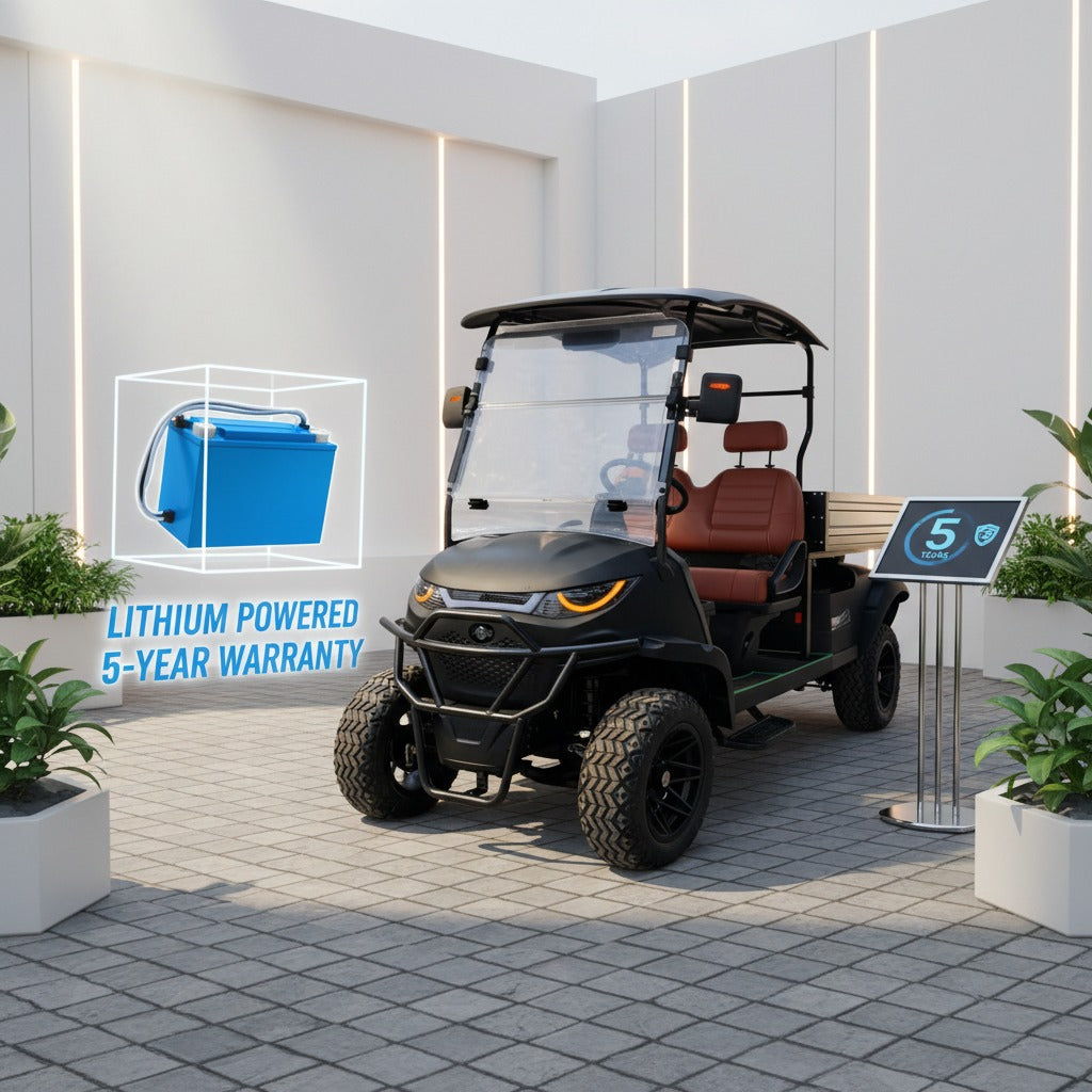 Black lithium-powered golf cart with a 5-year warranty