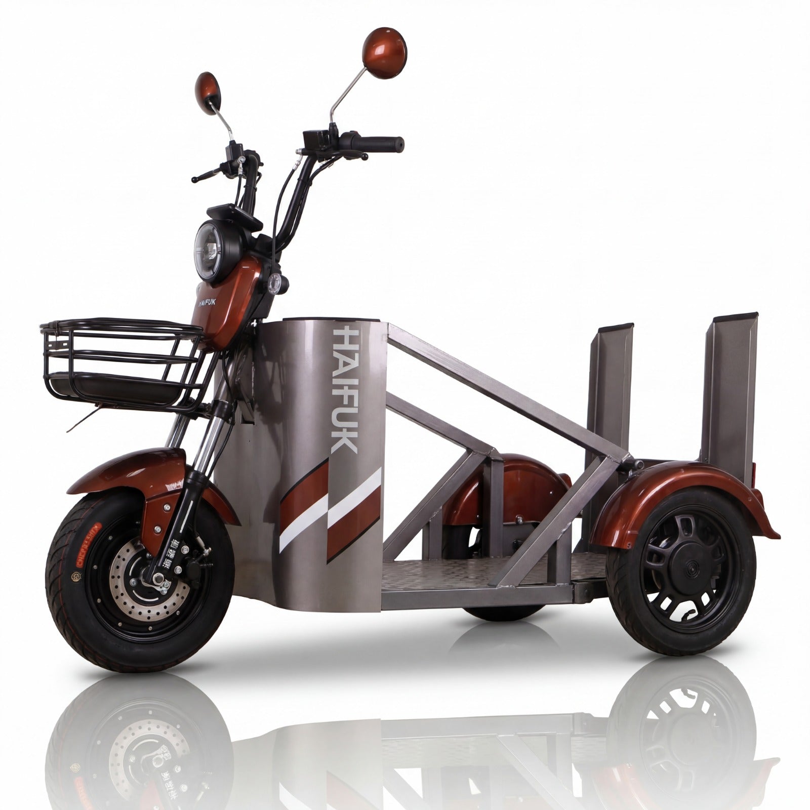 Three-wheeled electric scooter with a cargo Flatbed