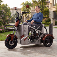 A person using a modified electric scooter with a sidecar