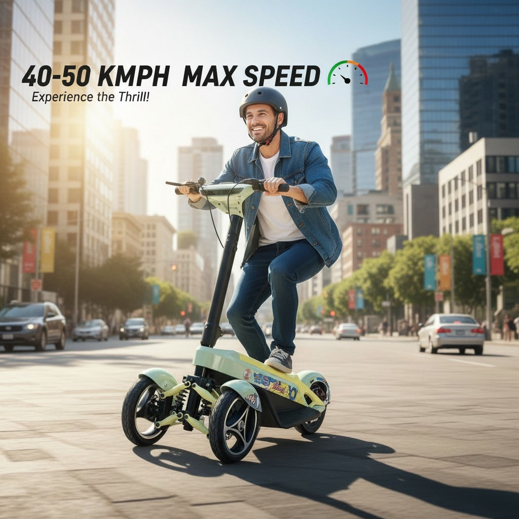 Person riding an electric scooter with Max 50 KMPH Speed 