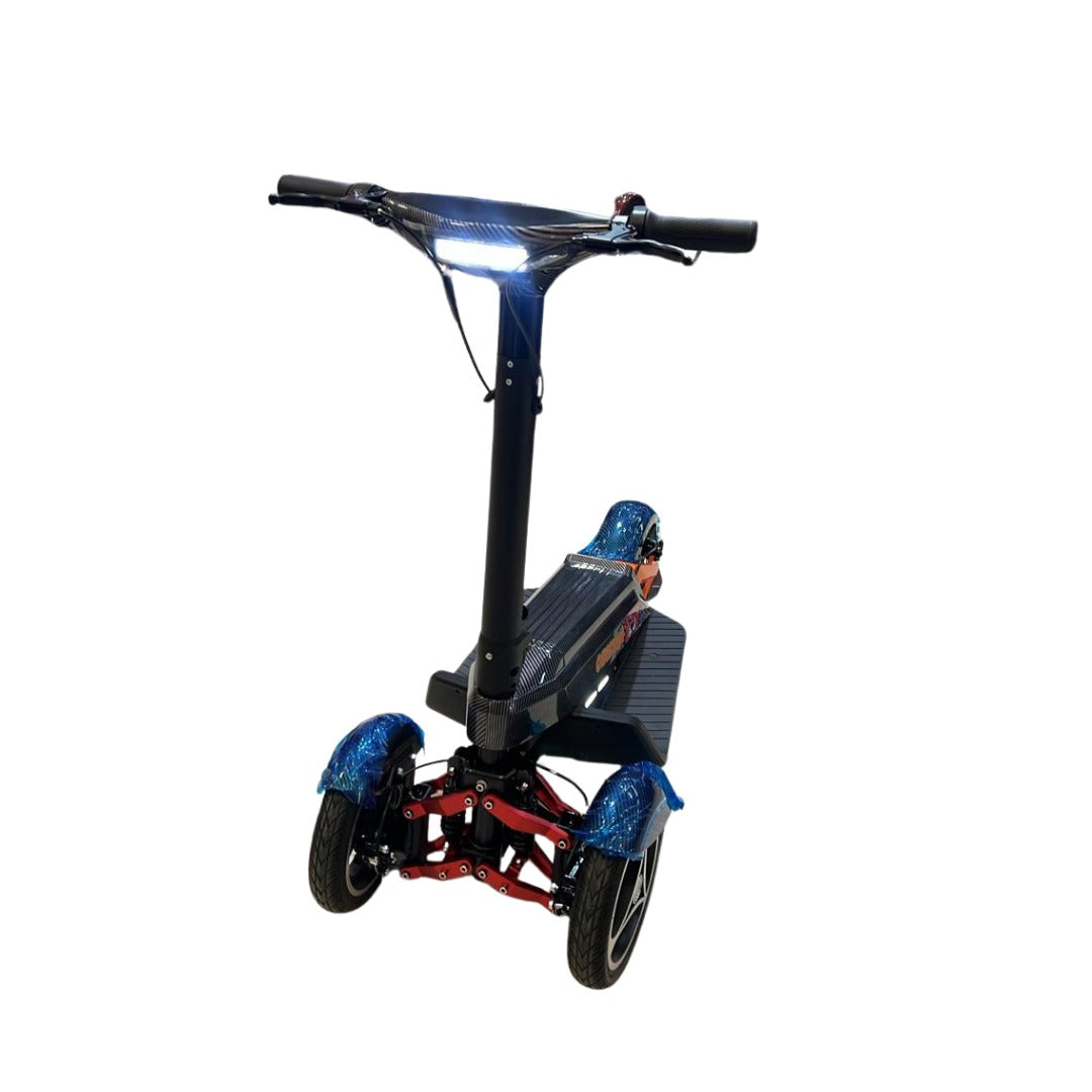 Front View of Three-wheeled scooter with blue accents