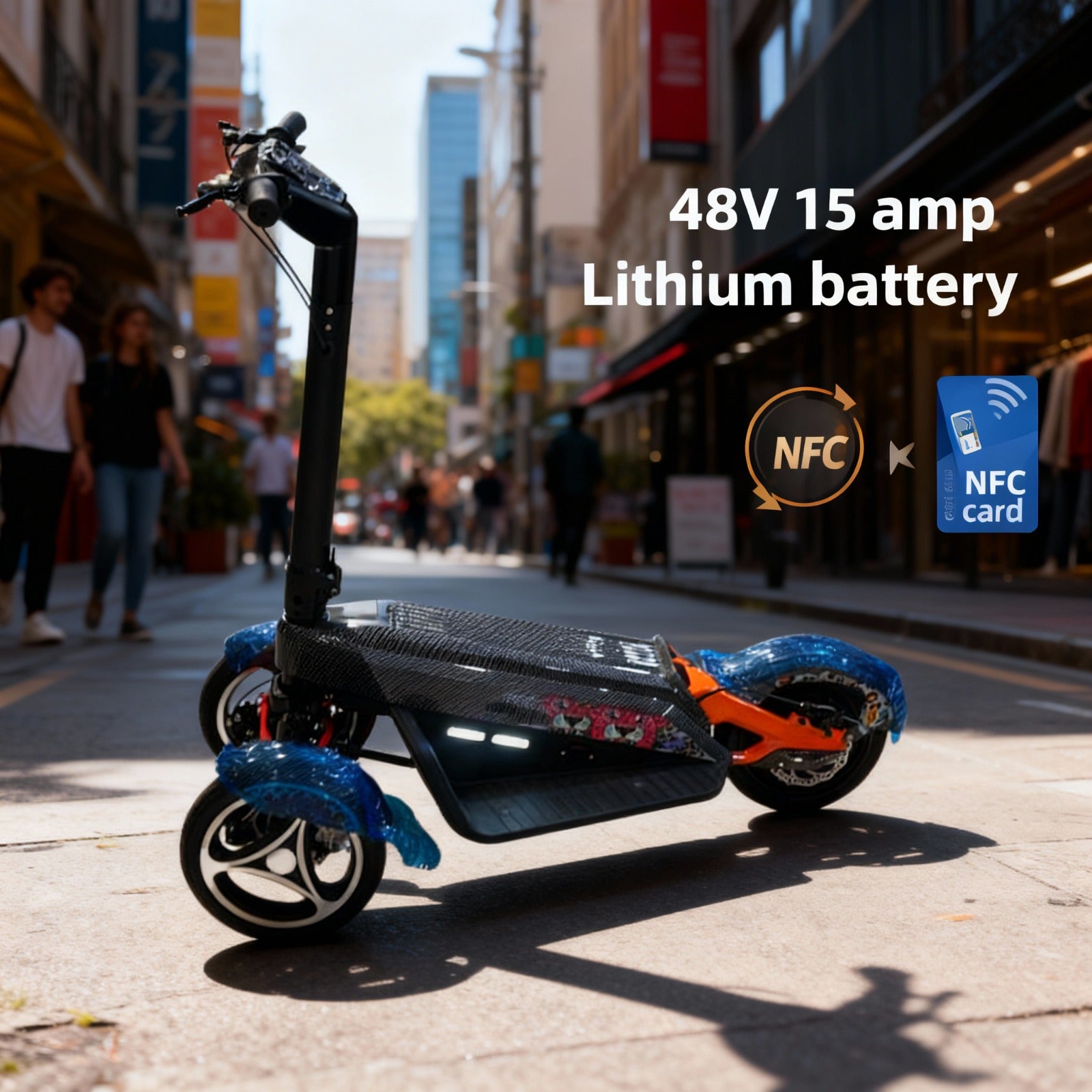 Electric scooter about battery specifications and NFC technology.