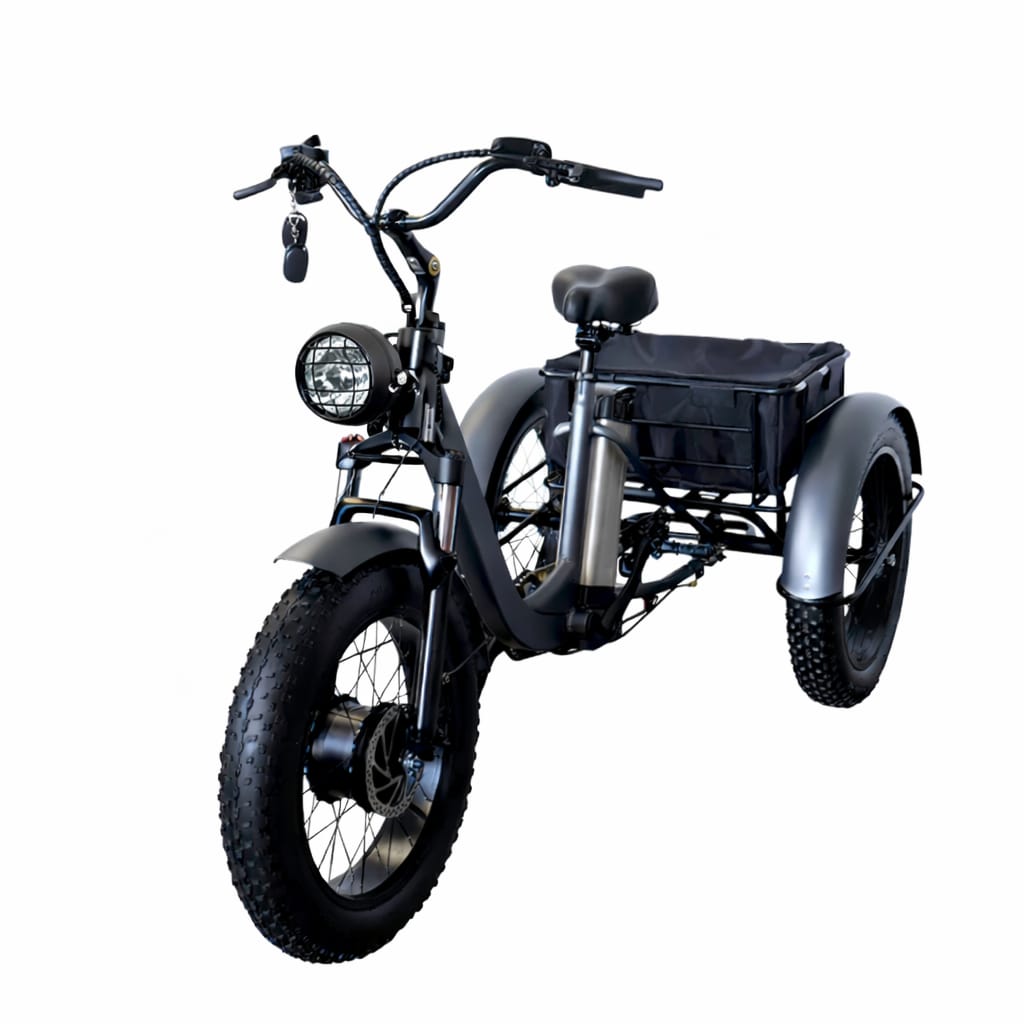 Black electric tricycle with a cargo box
