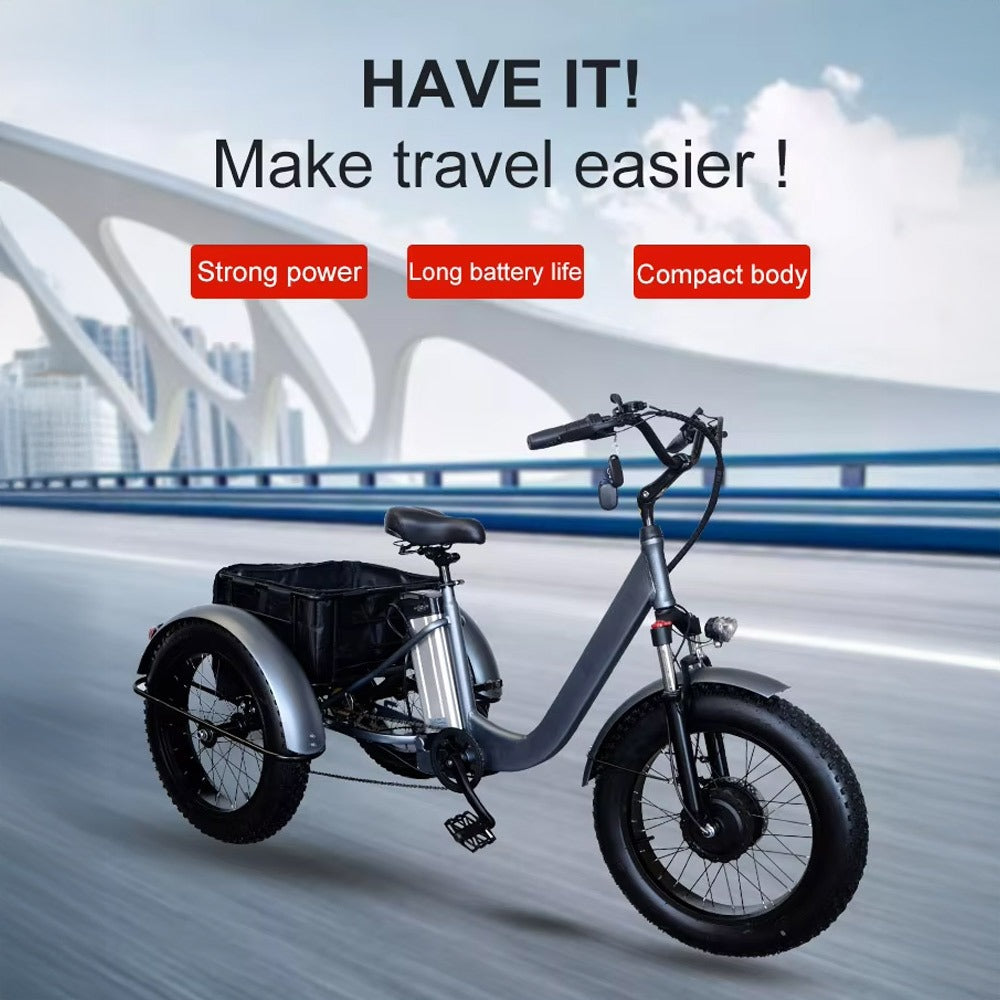 An electric tricycle with strong power, long battery life, and a compact body