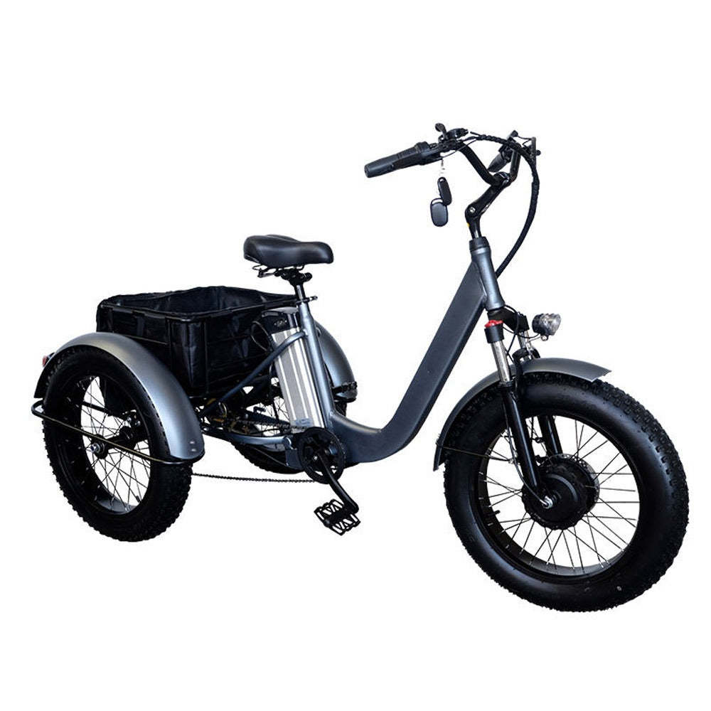 Electric tricycle with a black basket and Fat Tyer