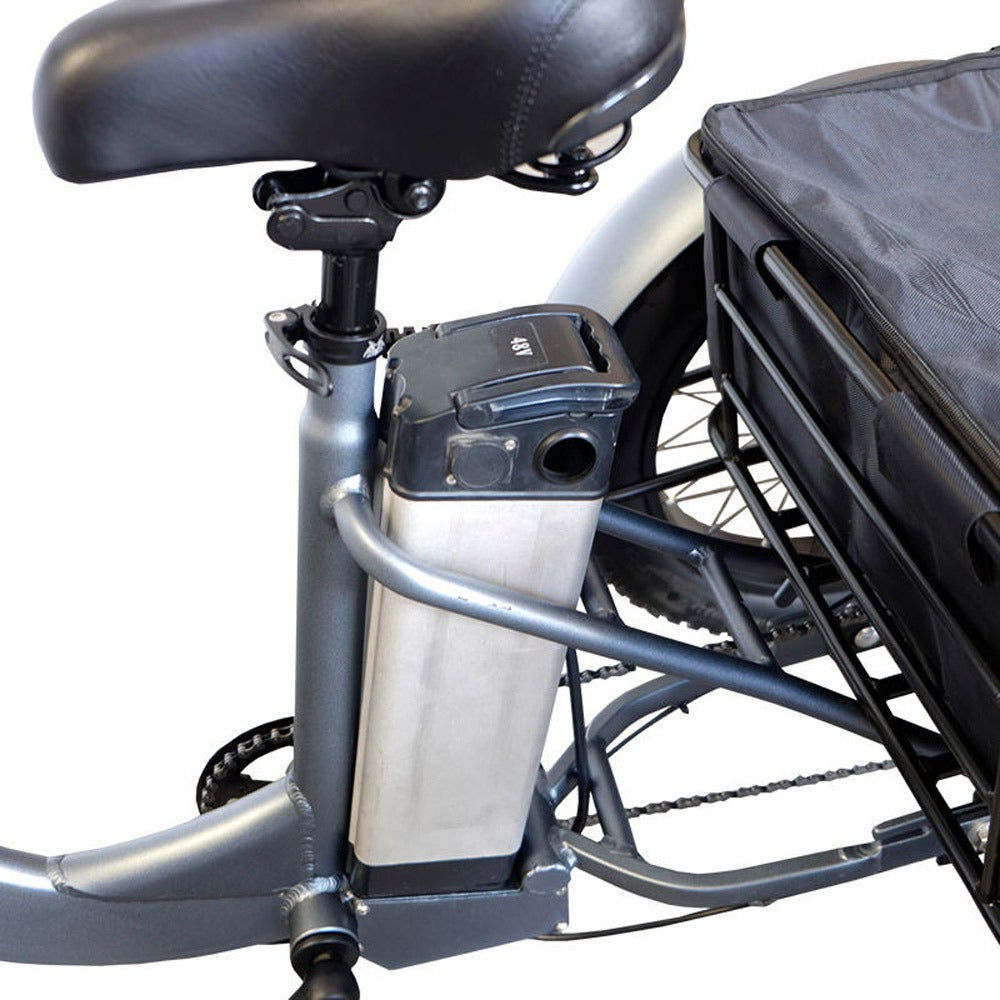 Close-up of a bicycle with a black seat and storage basket