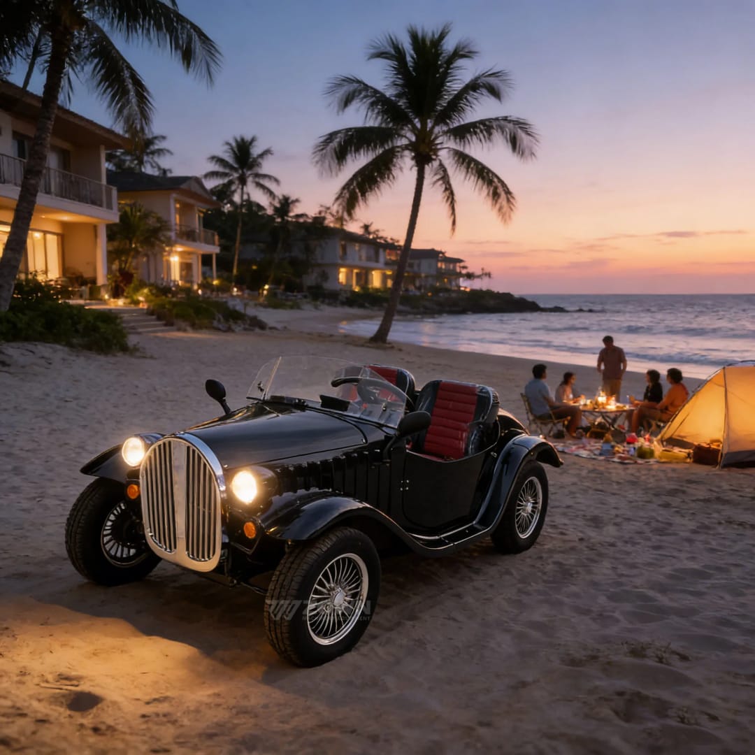 Vintage E car on a beach with people and palm trees at sunset.