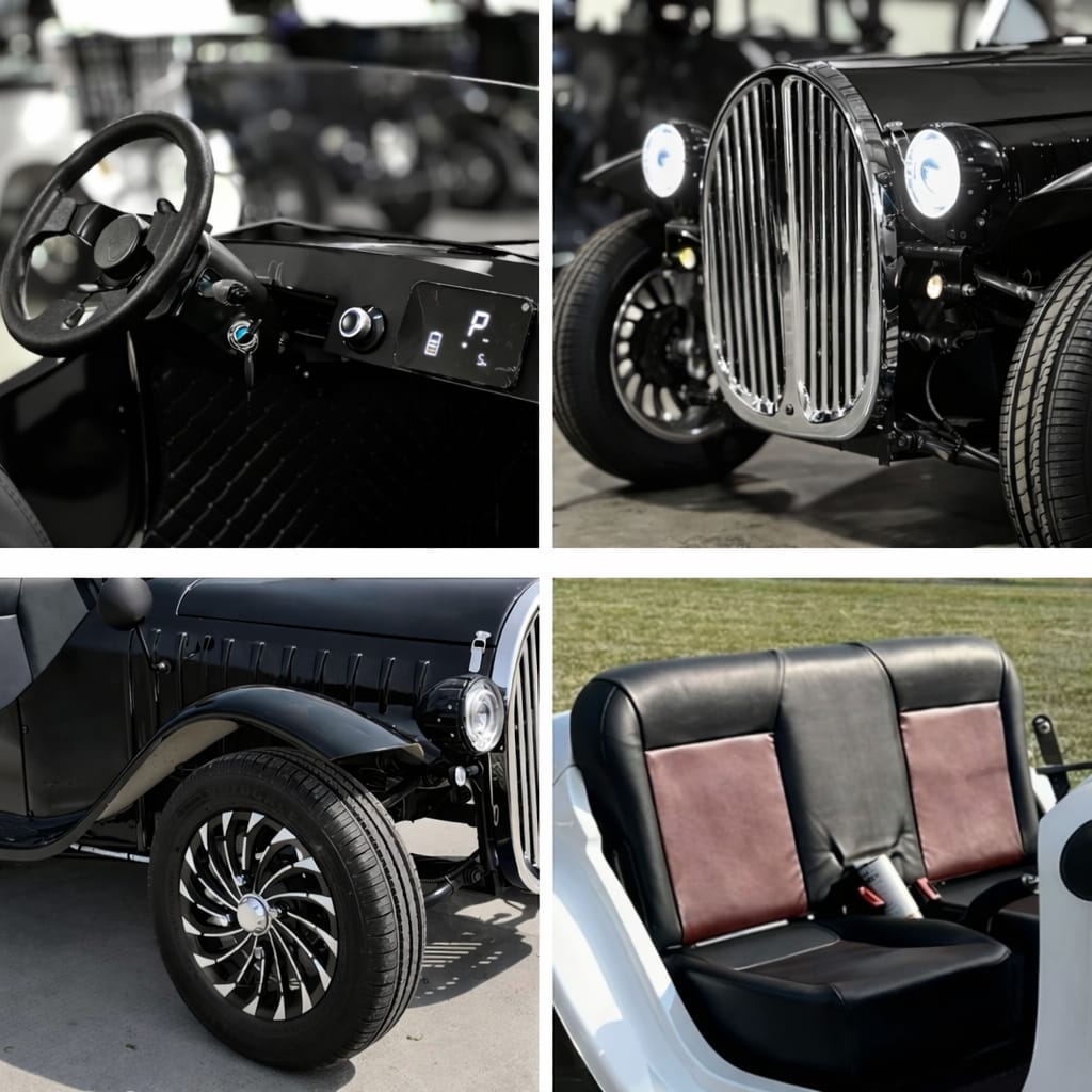 Collage of a vintage car's interior and exterior details.